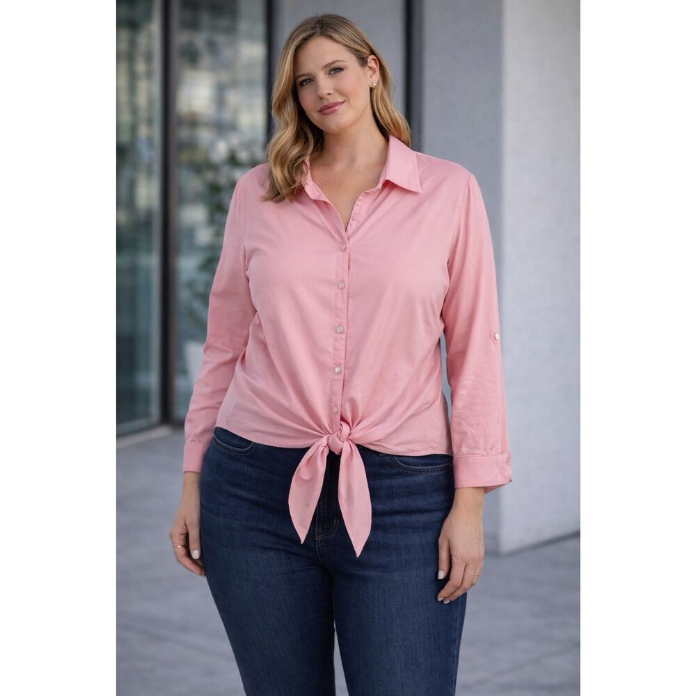 Finley Pink 100% Cotton Button Front Tie Shirt Office Preppy Womens Medium